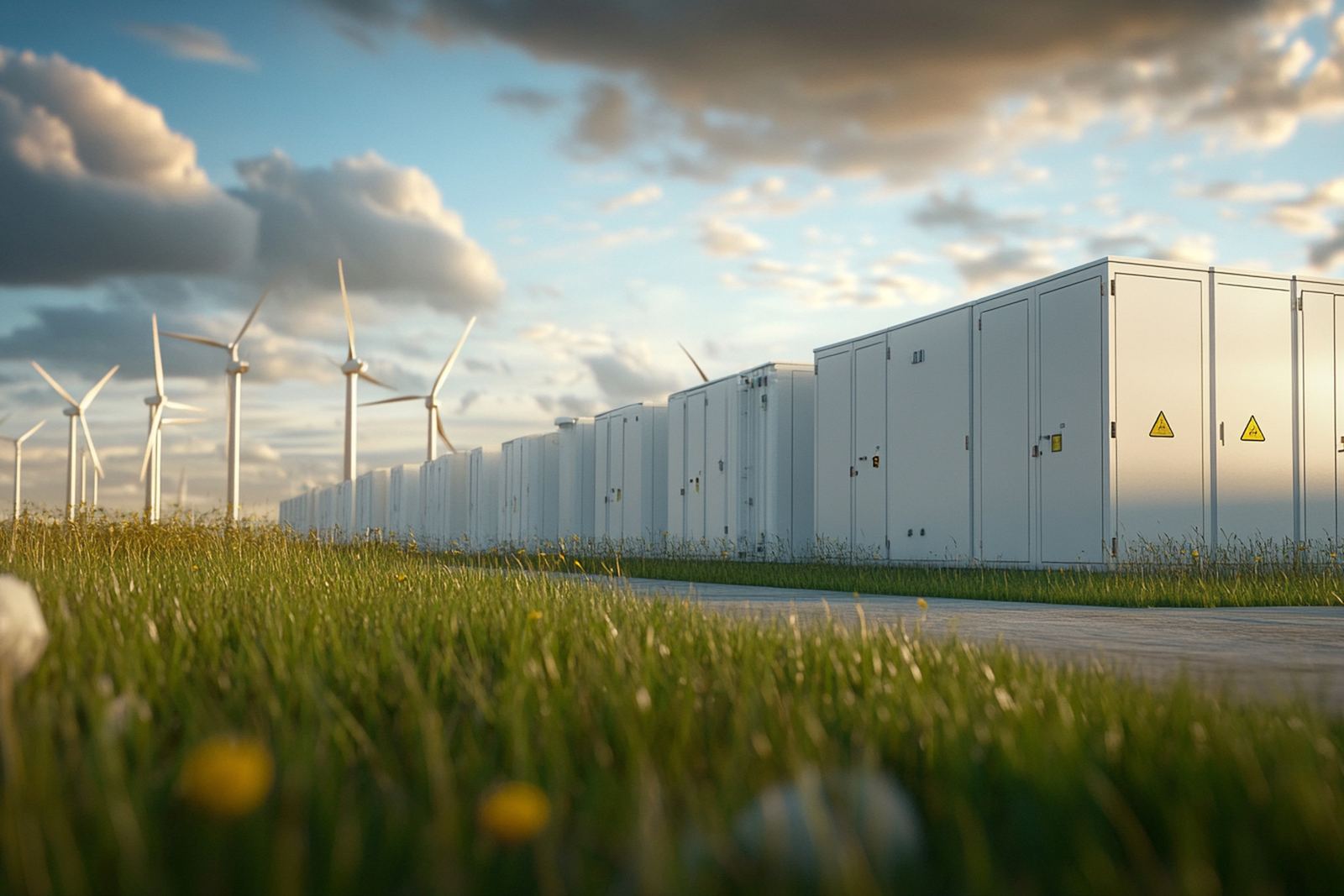 Battery storage containers beside wind turbines