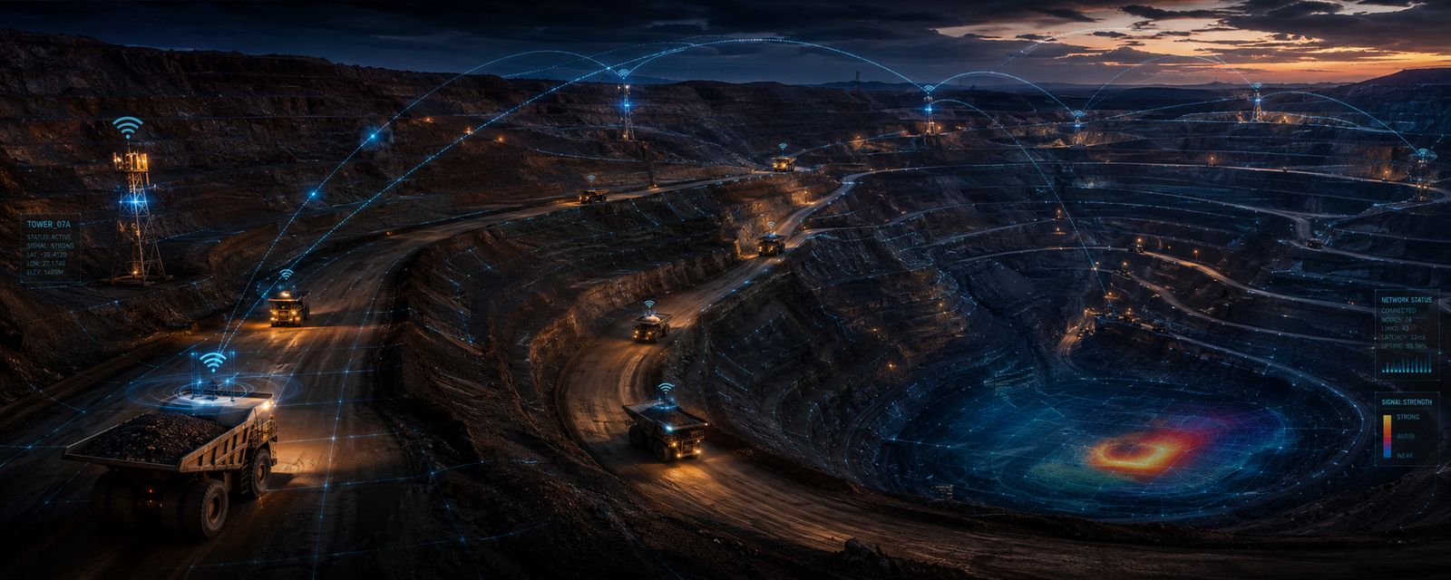 Open-pit mine at night with wireless network overlay